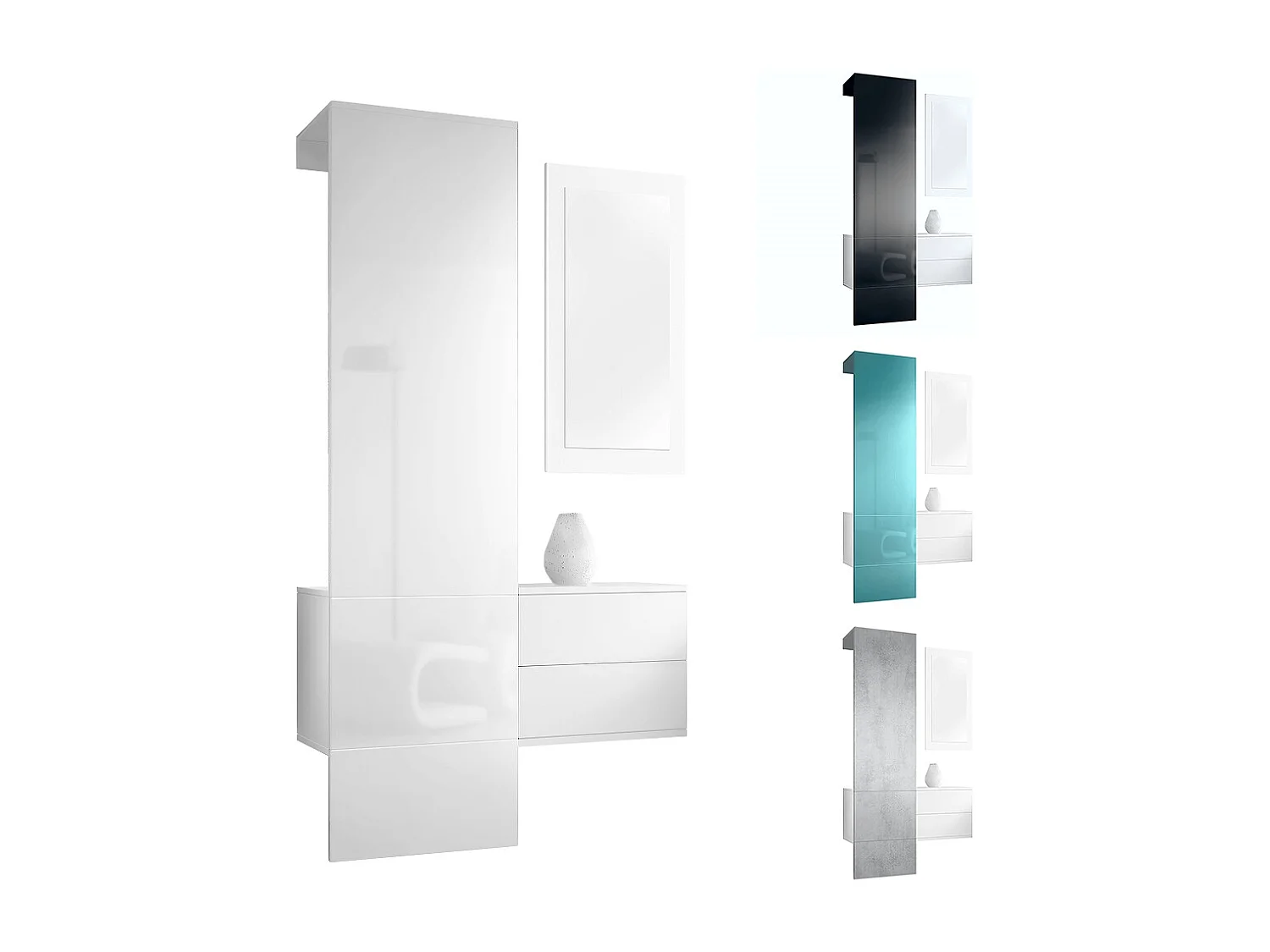 Penderie Carlton Set 2, Meuble d’entrée comprenant 1 panneau porte-manteau, 1 coffre à tiroir et 1 miroir mural, Blanc mat/crème brillant (105 x 193 x 35 cm)