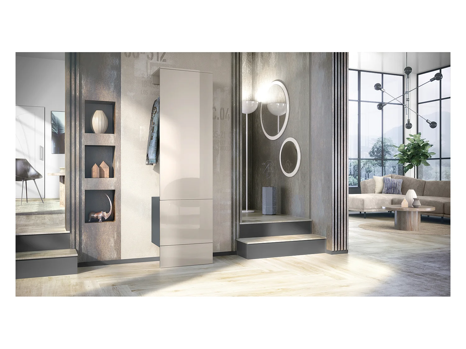 Penderie Carlton Set 5, Meuble d’entrée comprenant 1 panneau porte-manteau avec porte intégrée et 1 tringle, anthracite mat/gris sable brillant (52x193x35 cm)