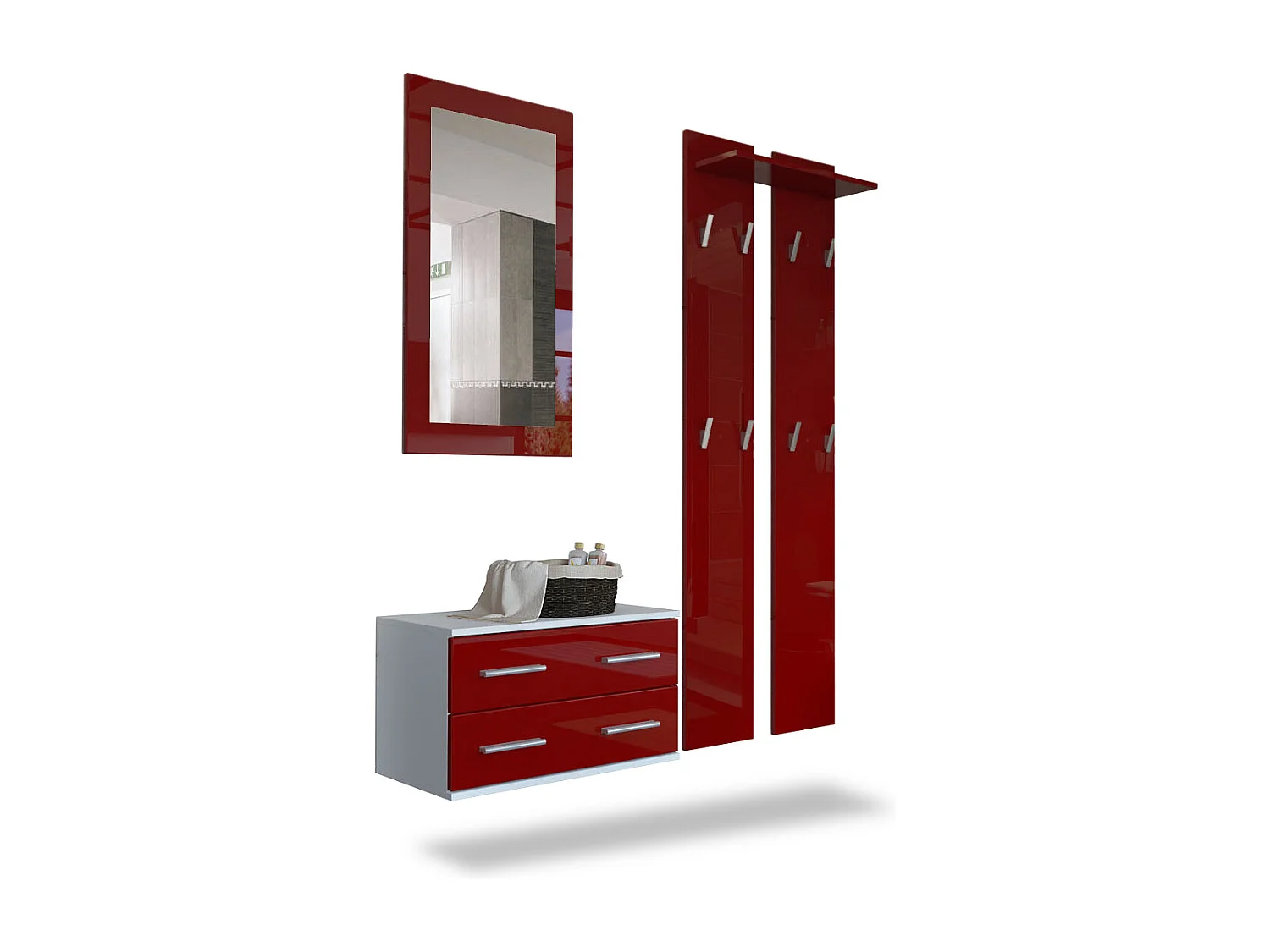 Ensemble de meubles d'entrée Kioto, Corps en Blanc mat / Façades en Bordeaux haute brillance