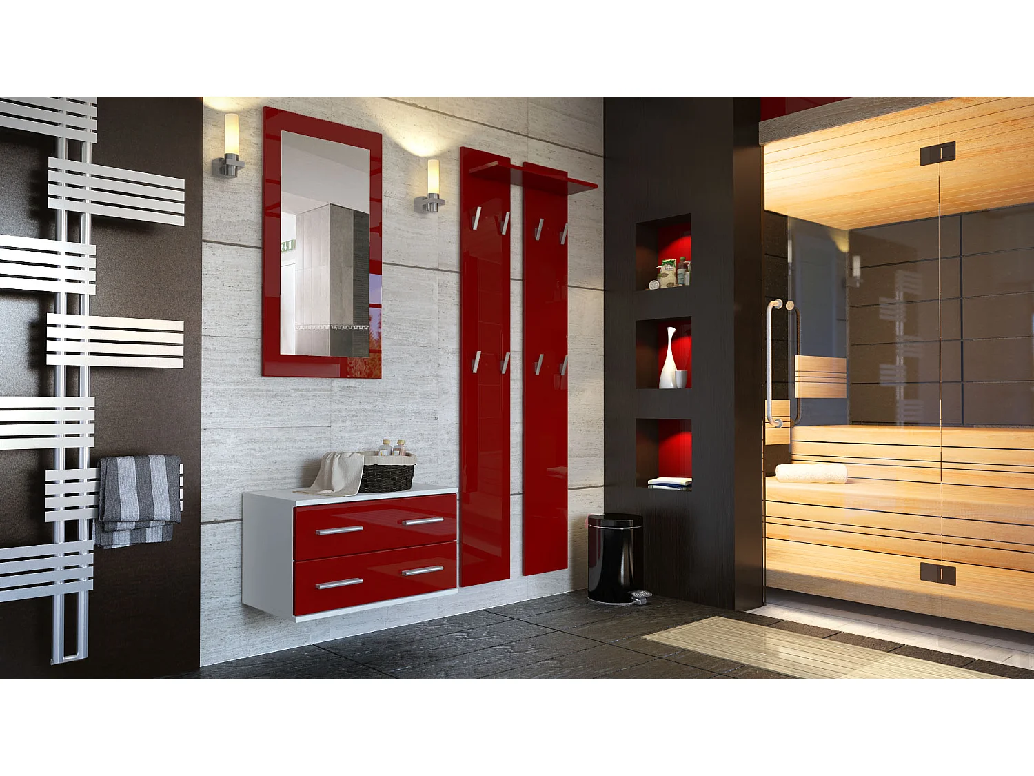 Ensemble de meubles d'entrée Kioto, Corps en Blanc mat / Façades en Bordeaux haute brillance