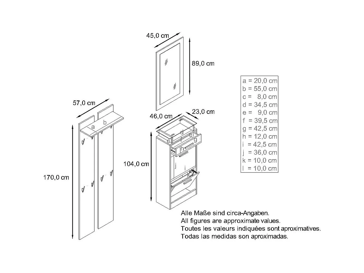 Ensemble de meubles d'entrée Loret V2 Mini, Corps en Blanc mat / Façades en Blanc haute brillance