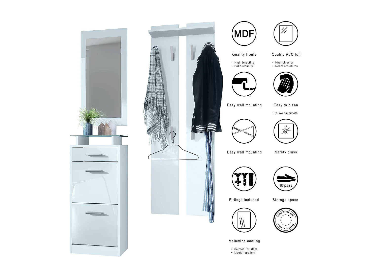 Ensemble de meubles d'entrée Loret V2 Mini, Corps en Blanc mat / Façades en Blanc haute brillance