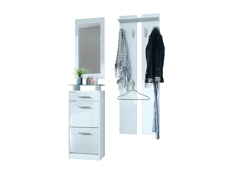 Ensemble de meubles d'entrée Loret V2 Mini, Corps en Blanc mat / Façades en Blanc haute brillance