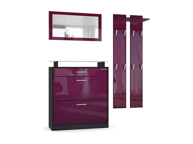 Penderie Loret Mini, Meuble d’entrée comprenant 1 commode à chaussures, 1 miroir mural et 2 panneaux porte-manteaux, Noir mat/Mûre haute brillance