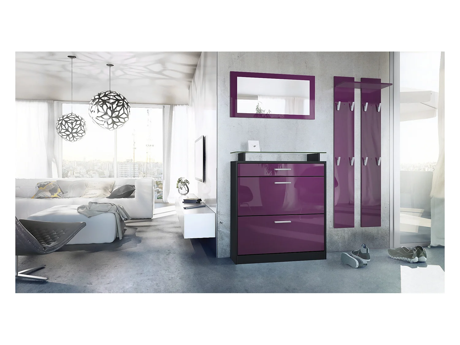 Penderie Loret Mini, Meuble d’entrée comprenant 1 commode à chaussures, 1 miroir mural et 2 panneaux porte-manteaux, Noir mat/Mûre haute brillance