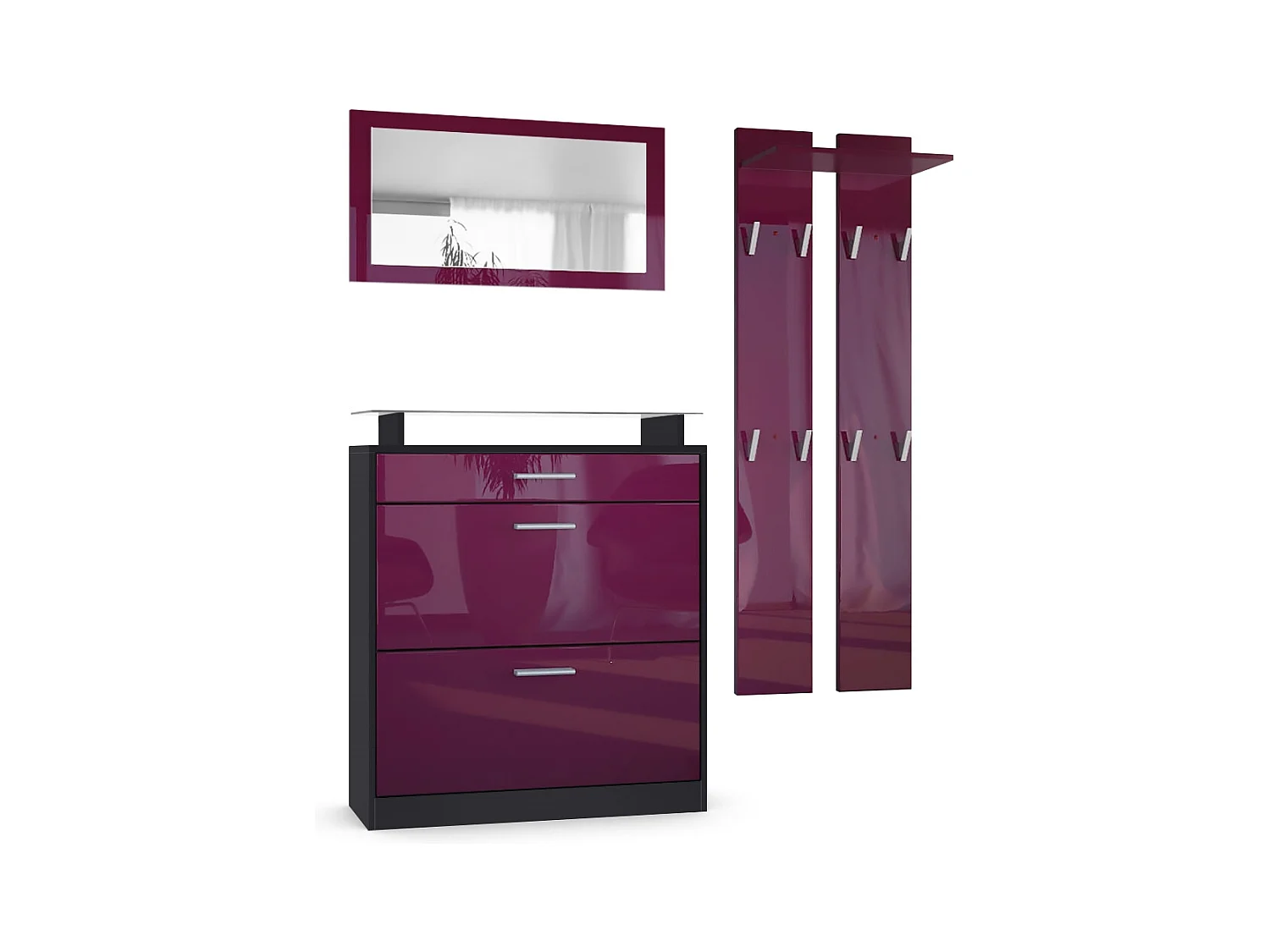 Penderie Loret Mini, Meuble d’entrée comprenant 1 commode à chaussures, 1 miroir mural et 2 panneaux porte-manteaux, Noir mat/Mûre haute brillance