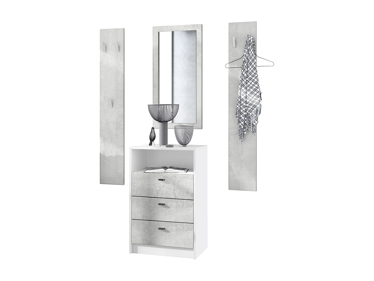 Ensemble de vestiaires Pino V2, 2 Panneaux muraux 140 cm et buffet avec 2 tiroirs & 1 compartiment ouvert, blanc mat/aspect béton oxyde (56 x 67,5 x 36 cm)