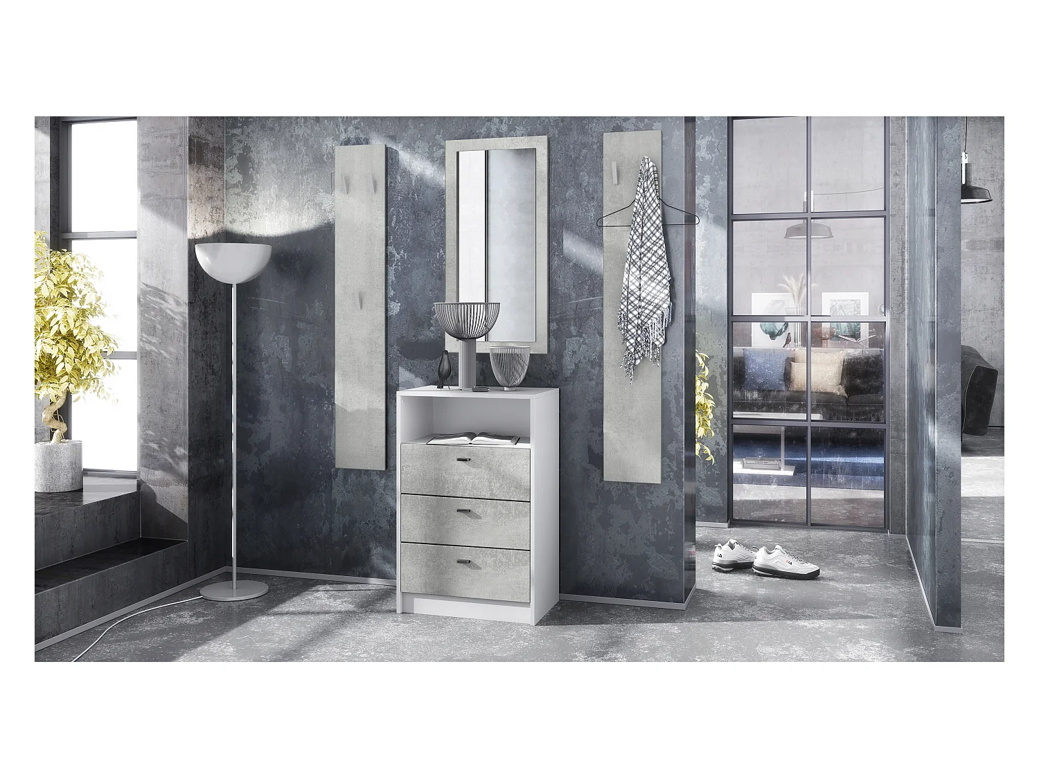 Ensemble de vestiaires Pino V2, 2 Panneaux muraux 140 cm et buffet avec 2 tiroirs & 1 compartiment ouvert, blanc mat/aspect béton oxyde (56 x 67,5 x 36 cm)