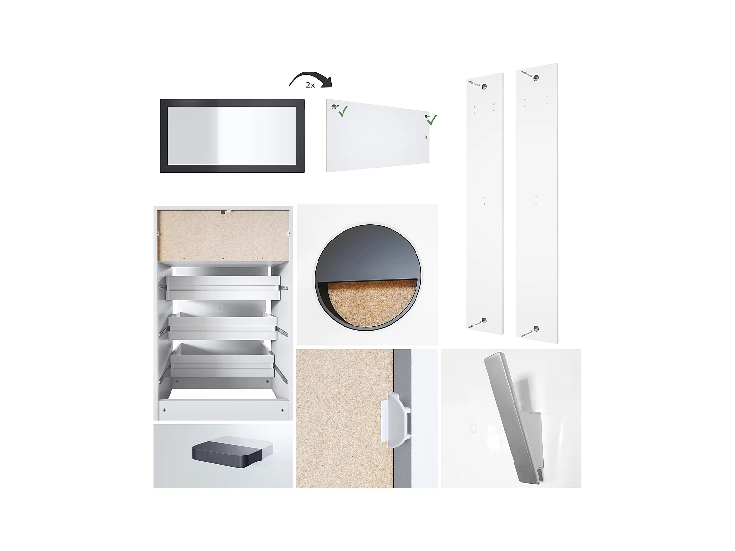 Ensemble de vestiaires Pino V2, 2 Panneaux muraux 140 cm et buffet avec 2 tiroirs & 1 compartiment ouvert, blanc mat/aspect béton oxyde (56 x 67,5 x 36 cm)