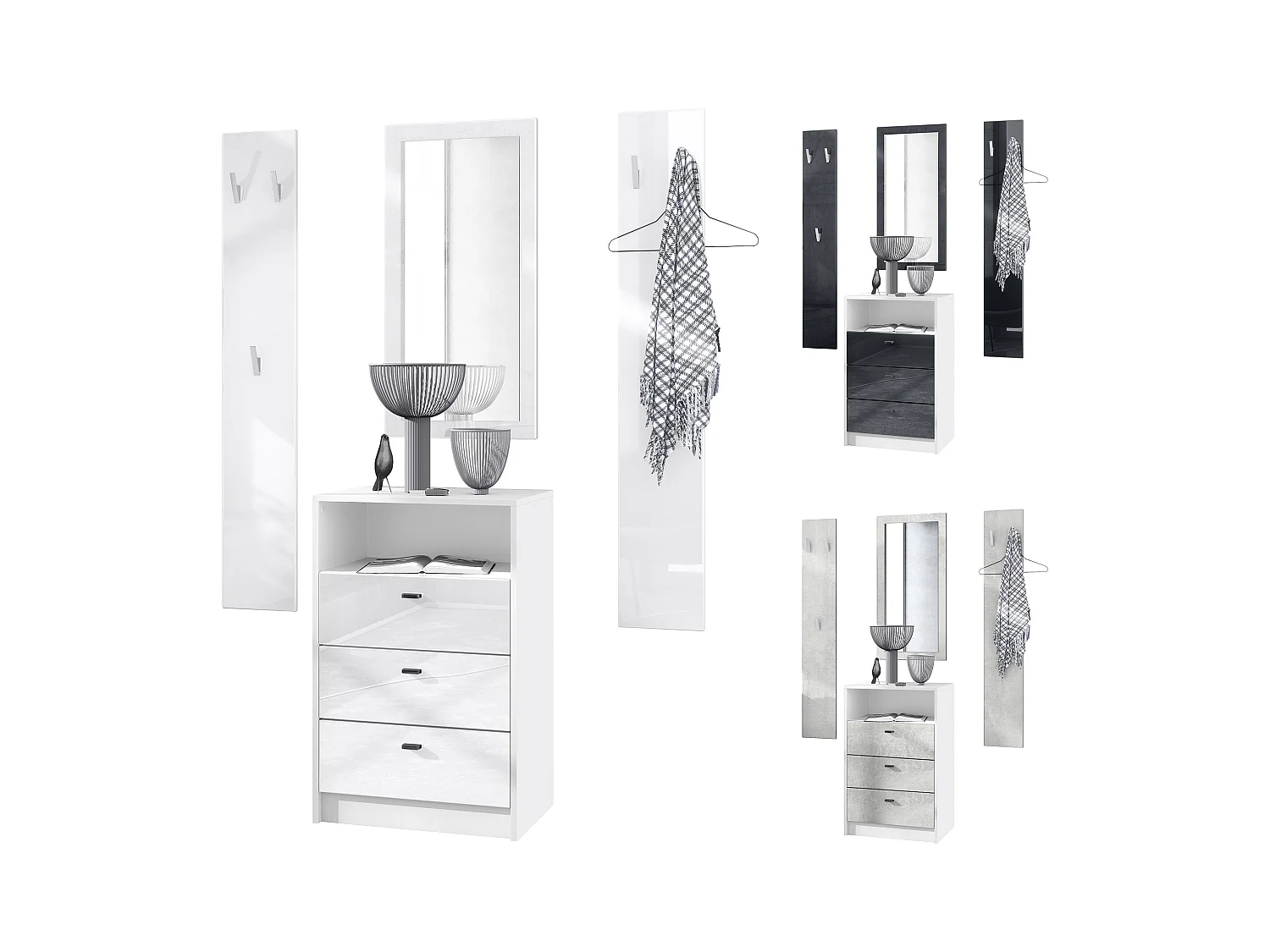 Ensemble de vestiaires Pino V2, 2 Panneaux muraux 140 cm et buffet avec 2 tiroirs & 1 compartiment ouvert, blanc mat/aspect béton oxyde (56 x 67,5 x 36 cm)