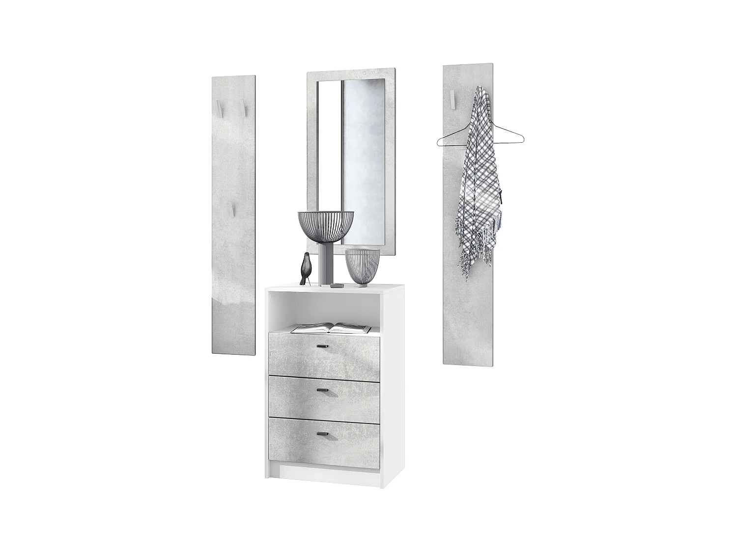 Ensemble de vestiaires Pino V2, 2 Panneaux muraux 140 cm et buffet avec 2 tiroirs & 1 compartiment ouvert, blanc mat/aspect béton oxyde (56 x 67,5 x 36 cm)