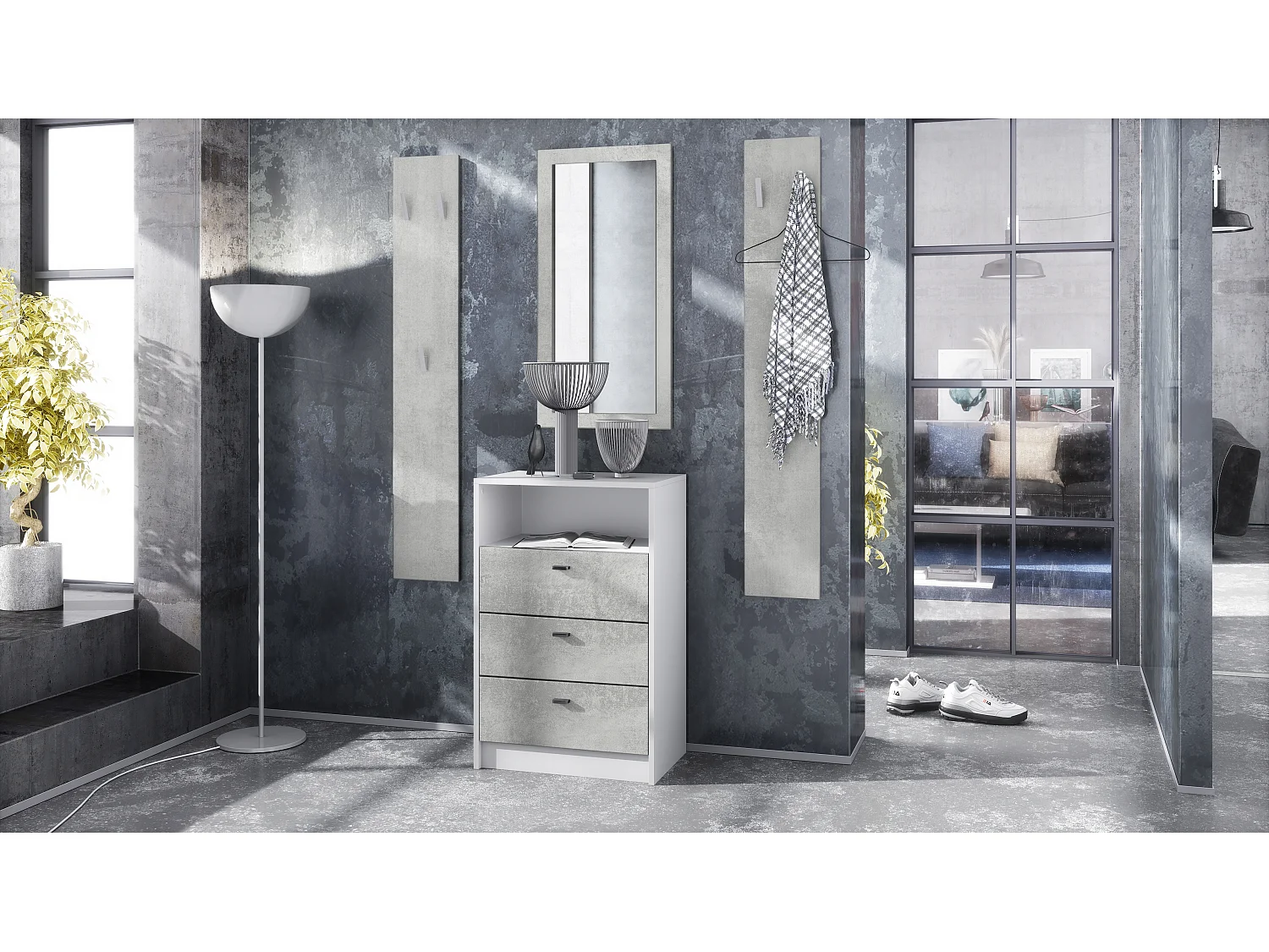 Ensemble de vestiaires Pino V2, 2 Panneaux muraux 140 cm et buffet avec 2 tiroirs & 1 compartiment ouvert, blanc mat/aspect béton oxyde (56 x 67,5 x 36 cm)