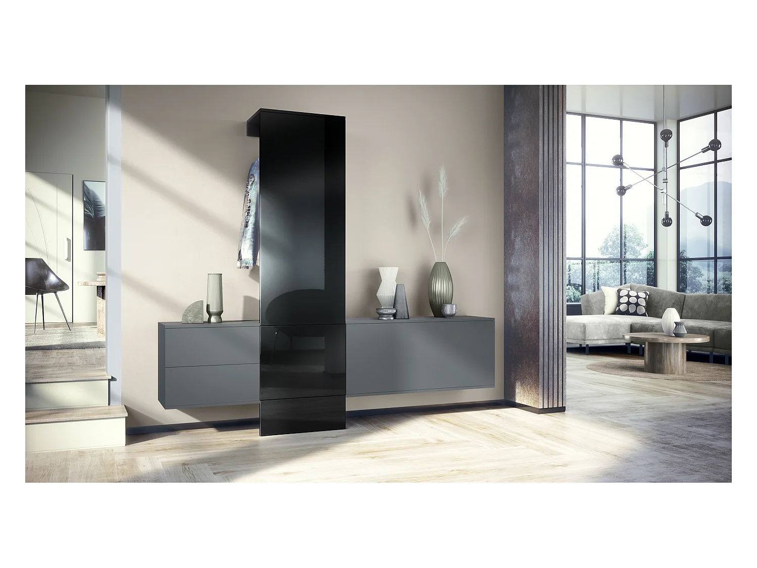 Ensemble de garde-robe  DualVista, composé de 1 panneau de porte-manteau, 1 armoire à tiroirs, 1 module de rangement et 2 miroirs, anthracite mat/noir brillant
