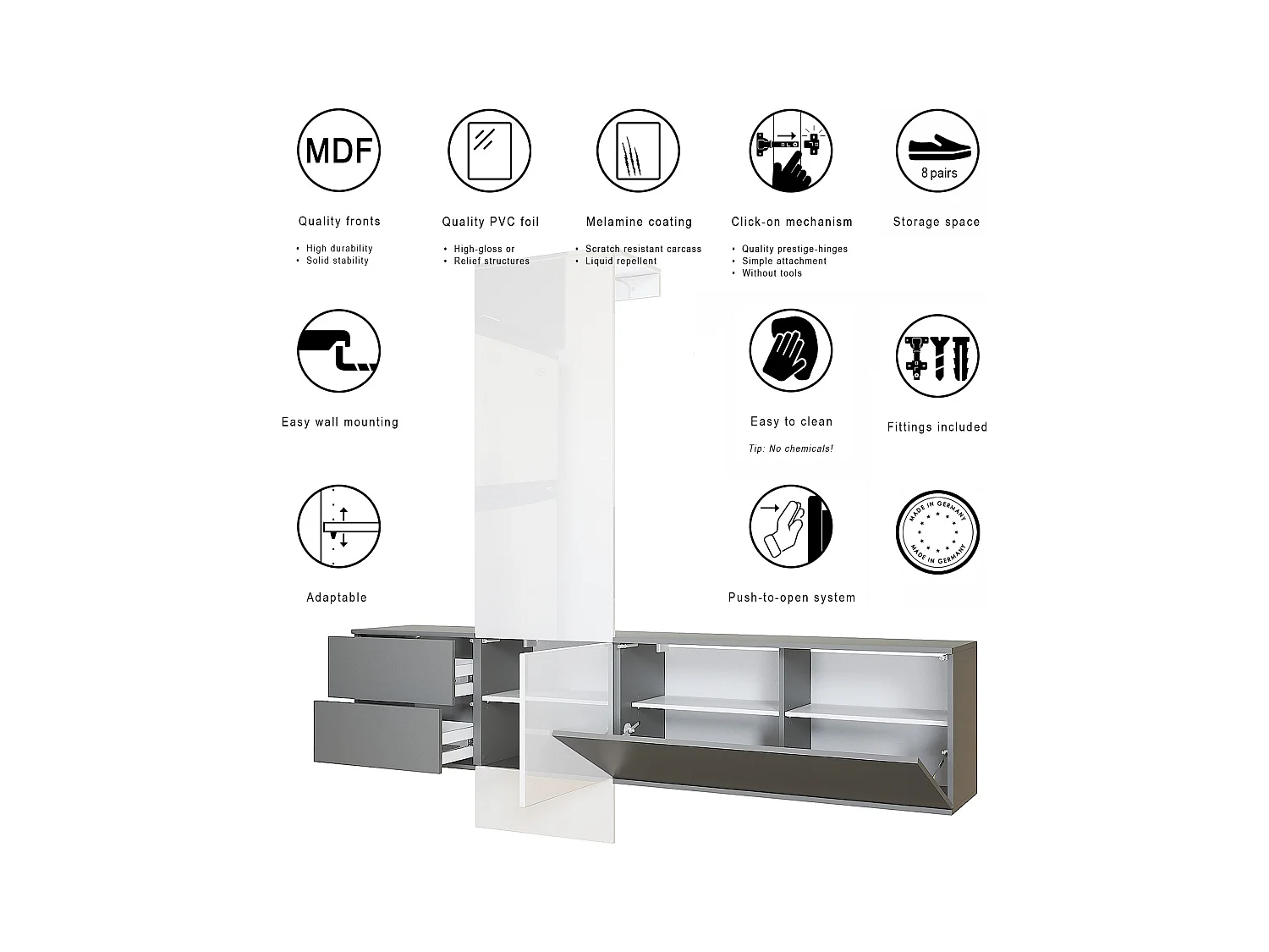 Ensemble de garde-robe  DualVista, composé de 1 panneau de porte-manteau, 1 armoire à tiroirs, 1 module de rangement et 2 miroirs, anthracite mat/noir brillant