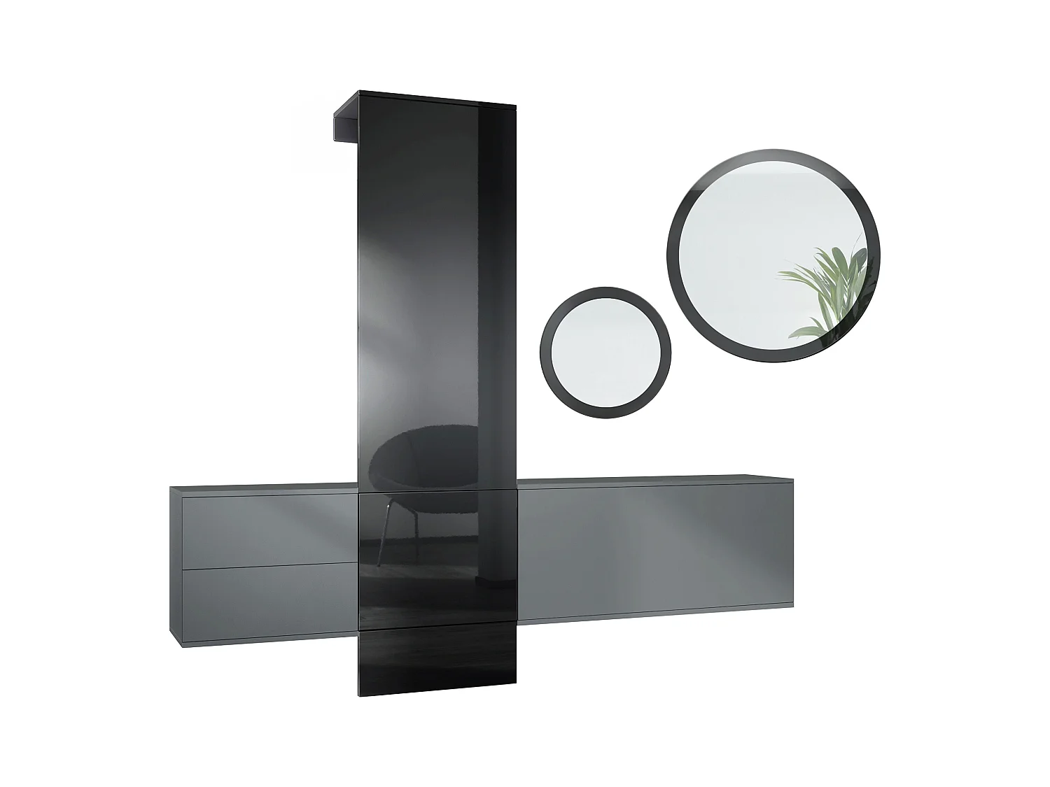 Ensemble de garde-robe  DualVista, composé de 1 panneau de porte-manteau, 1 armoire à tiroirs, 1 module de rangement et 2 miroirs, anthracite mat/noir brillant