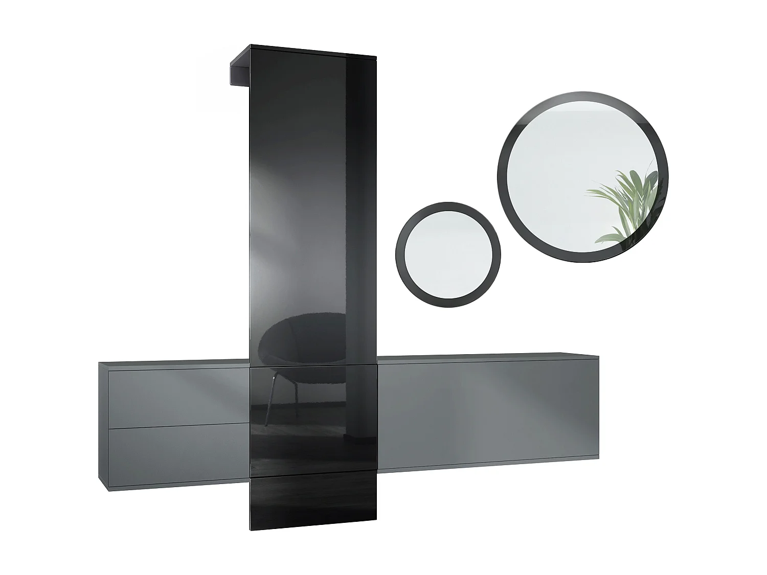 Ensemble de garde-robe  DualVista, composé de 1 panneau de porte-manteau, 1 armoire à tiroirs, 1 module de rangement et 2 miroirs, anthracite mat/noir brillant