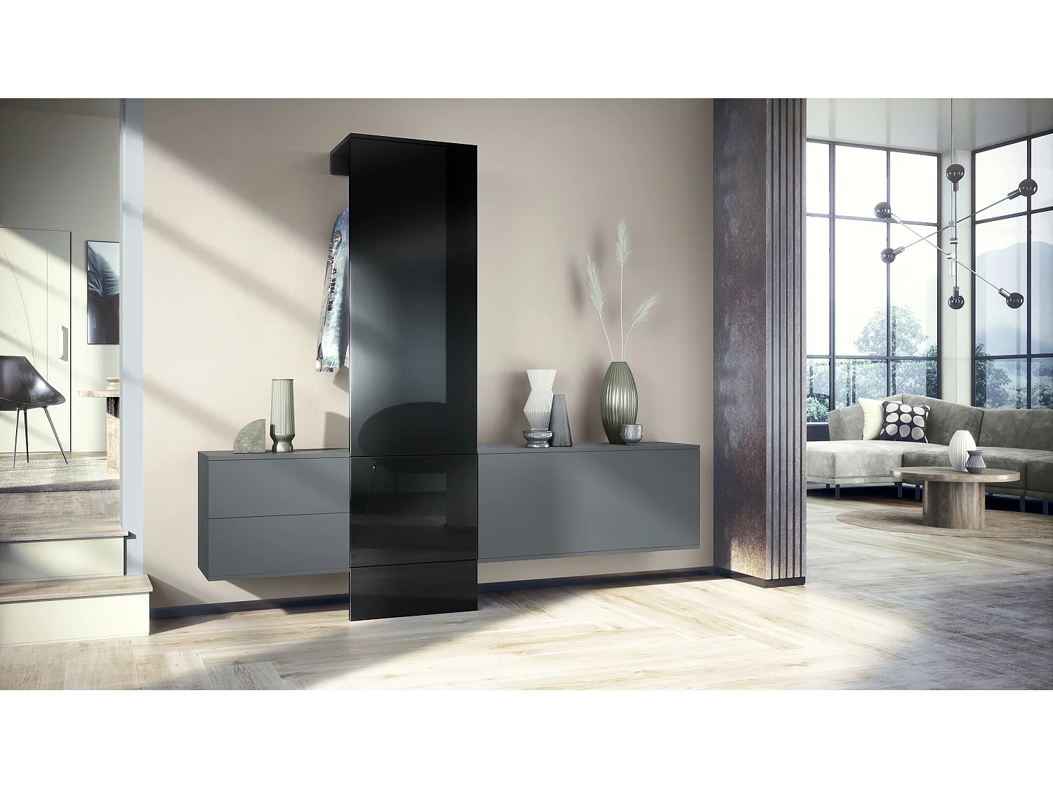 Ensemble de garde-robe  DualVista, composé de 1 panneau de porte-manteau, 1 armoire à tiroirs, 1 module de rangement et 2 miroirs, anthracite mat/noir brillant