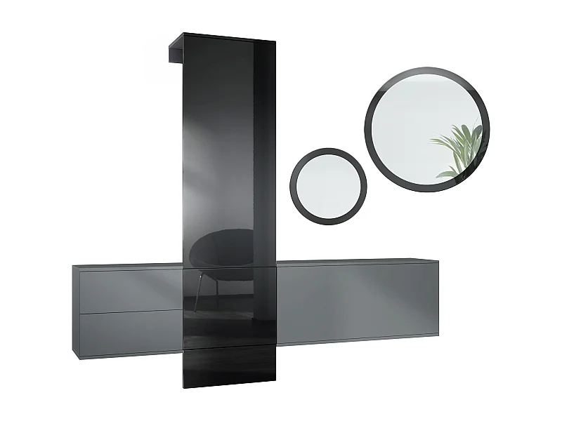 Ensemble de garde-robe  DualVista, composé de 1 panneau de porte-manteau, 1 armoire à tiroirs, 1 module de rangement et 2 miroirs, anthracite mat/noir brillant
