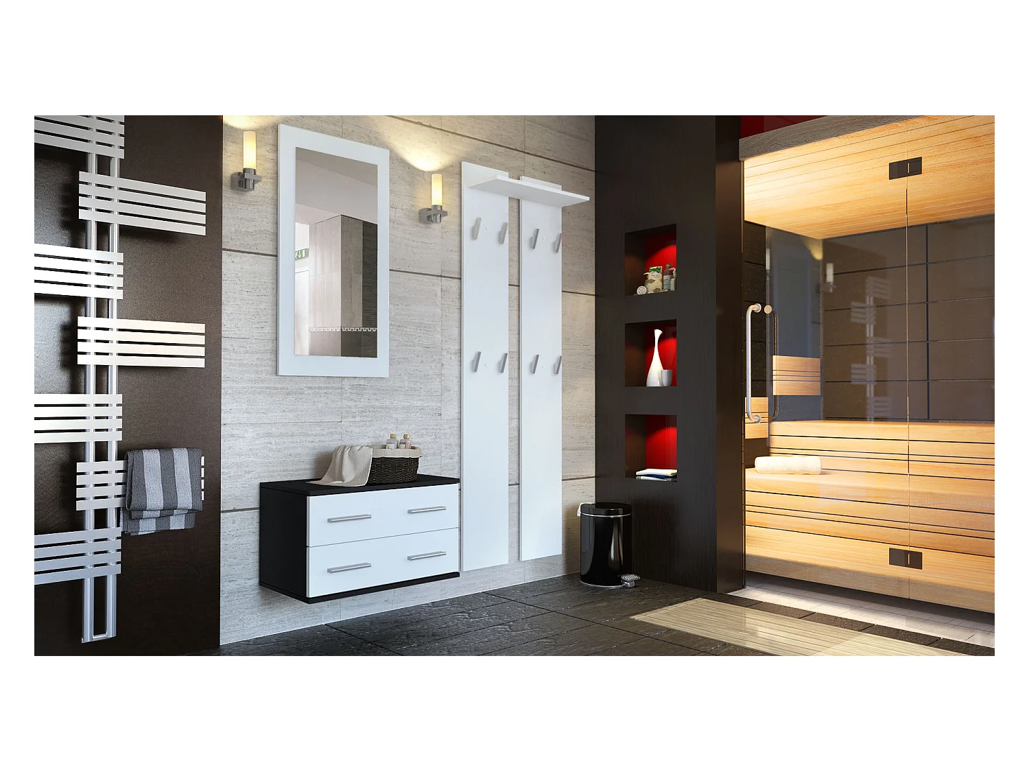 Ensemble de meubles d'entrée Kioto, Corps en Noir mat / Façades en Blanc mat