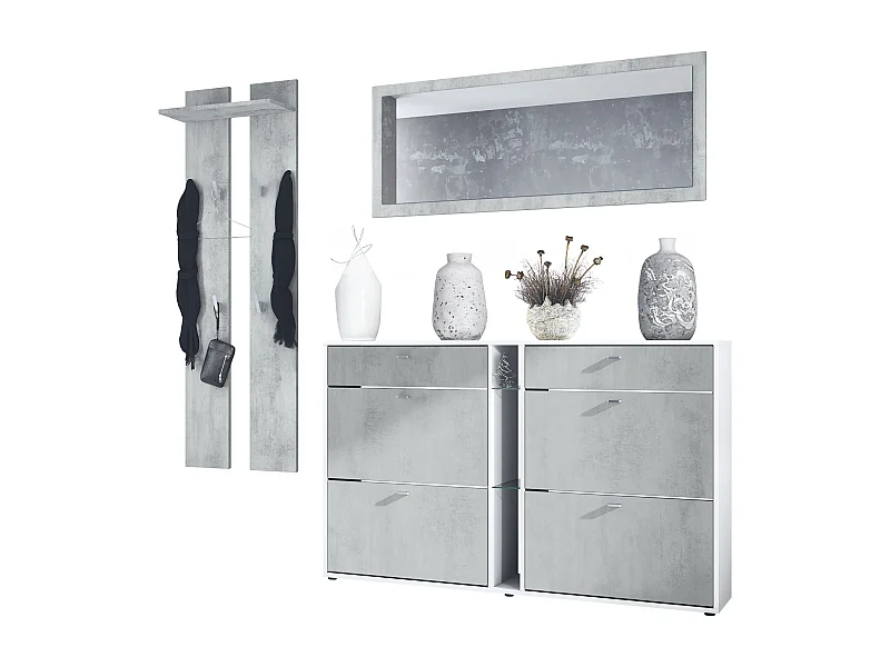 Ensemble vestiaire Orlando avec armoire à chaussures, panneau mural et miroir mural, blanc mat/aspect béton oxyde