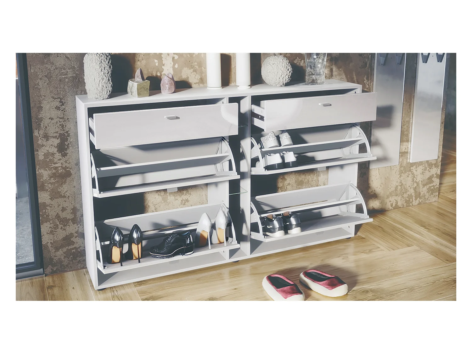 Ensemble vestiaire Orlando avec armoire à chaussures, panneau mural et miroir mural, blanc mat/aspect béton oxyde