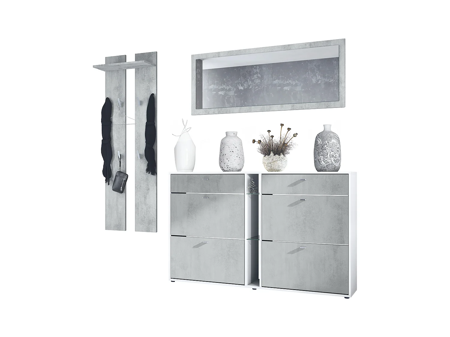 Ensemble vestiaire Orlando avec armoire à chaussures, panneau mural et miroir mural, blanc mat/aspect béton oxyde