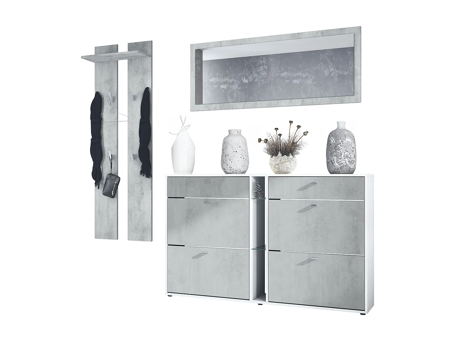 Ensemble vestiaire Orlando avec armoire à chaussures, panneau mural et miroir mural, blanc mat/aspect béton oxyde