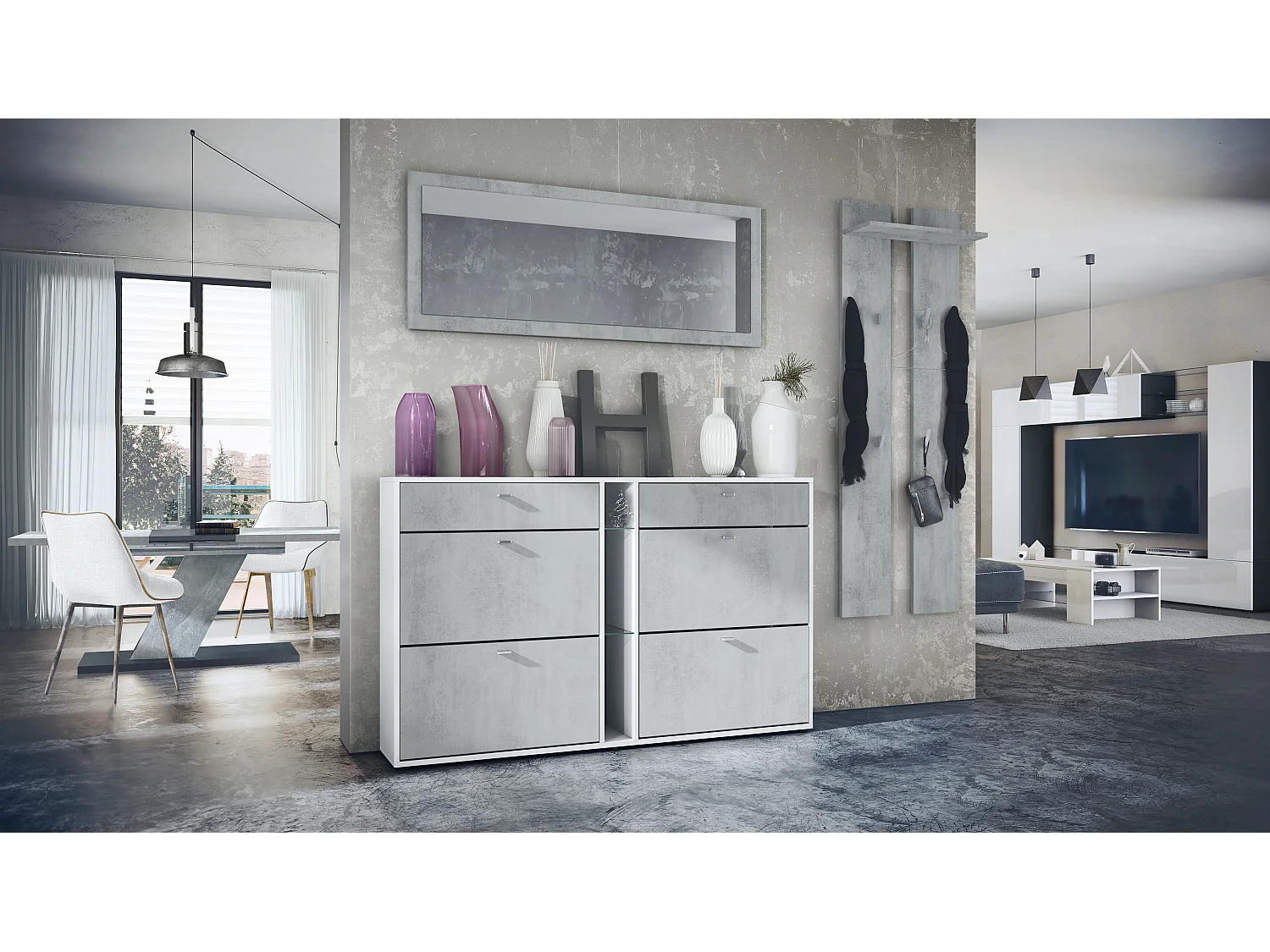 Ensemble vestiaire Orlando avec armoire à chaussures, panneau mural et miroir mural, blanc mat/aspect béton oxyde