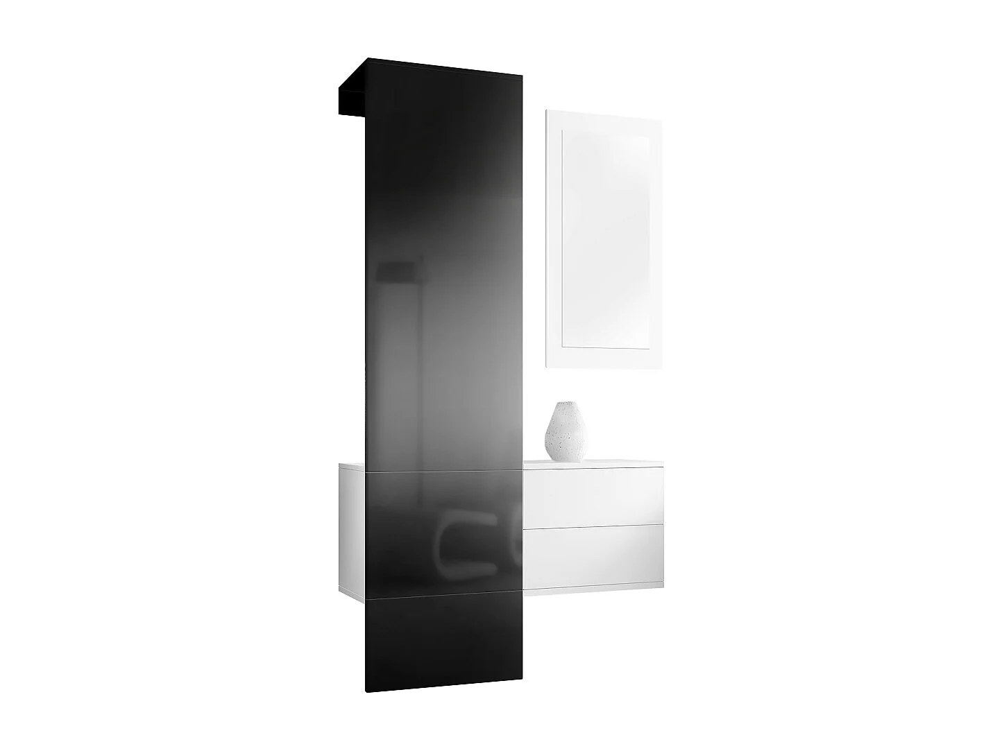 Penderie Carlton Set 2, Meuble d’entrée comprenant 1 panneau porte-manteau, 1 coffre à tiroir et 1 miroir mural, Blanc mat/noir brillant (105 x 193 x 35 cm)