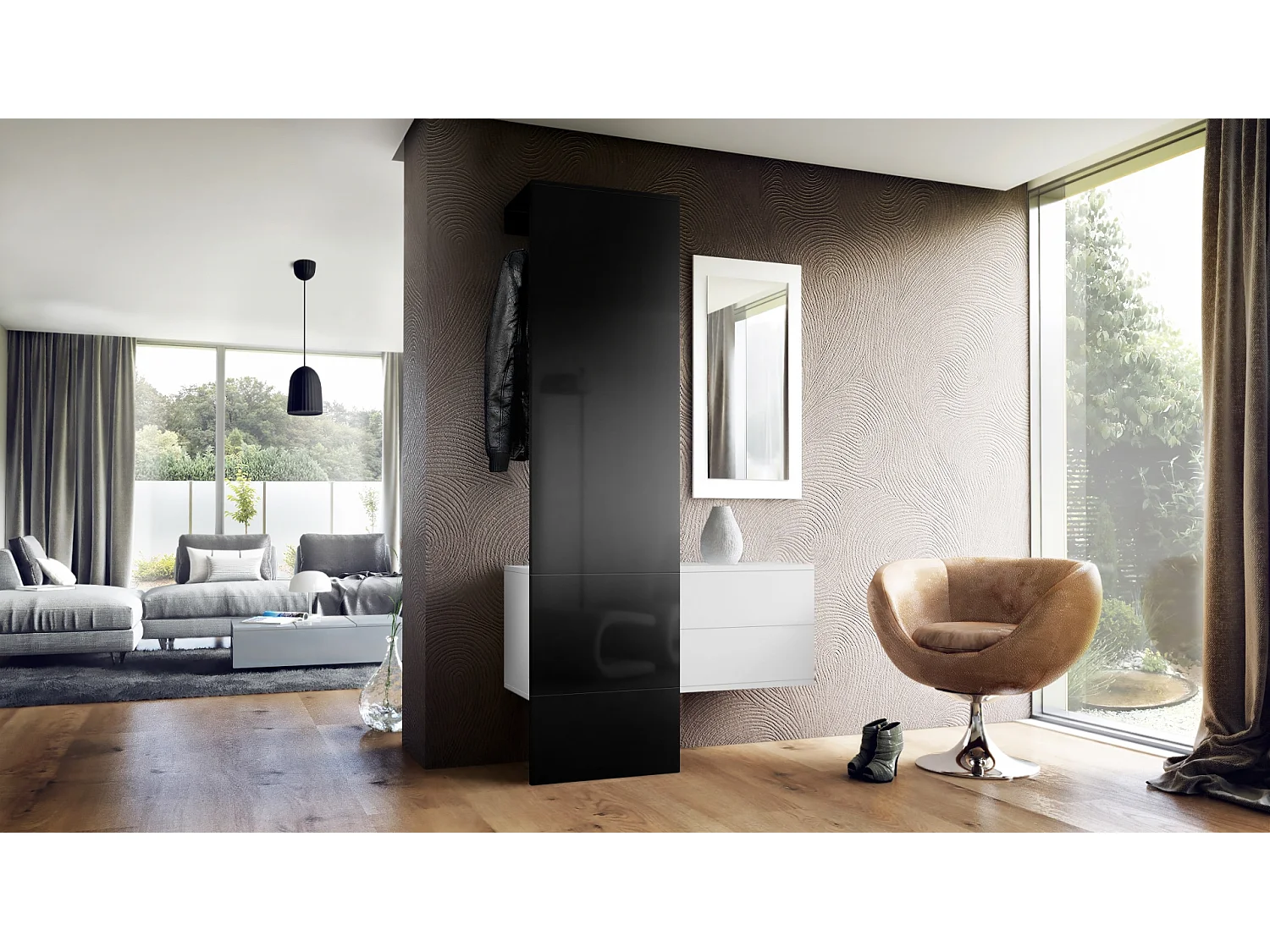 Penderie Carlton Set 2, Meuble d’entrée comprenant 1 panneau porte-manteau, 1 coffre à tiroir et 1 miroir mural, Blanc mat/noir brillant (105 x 193 x 35 cm)