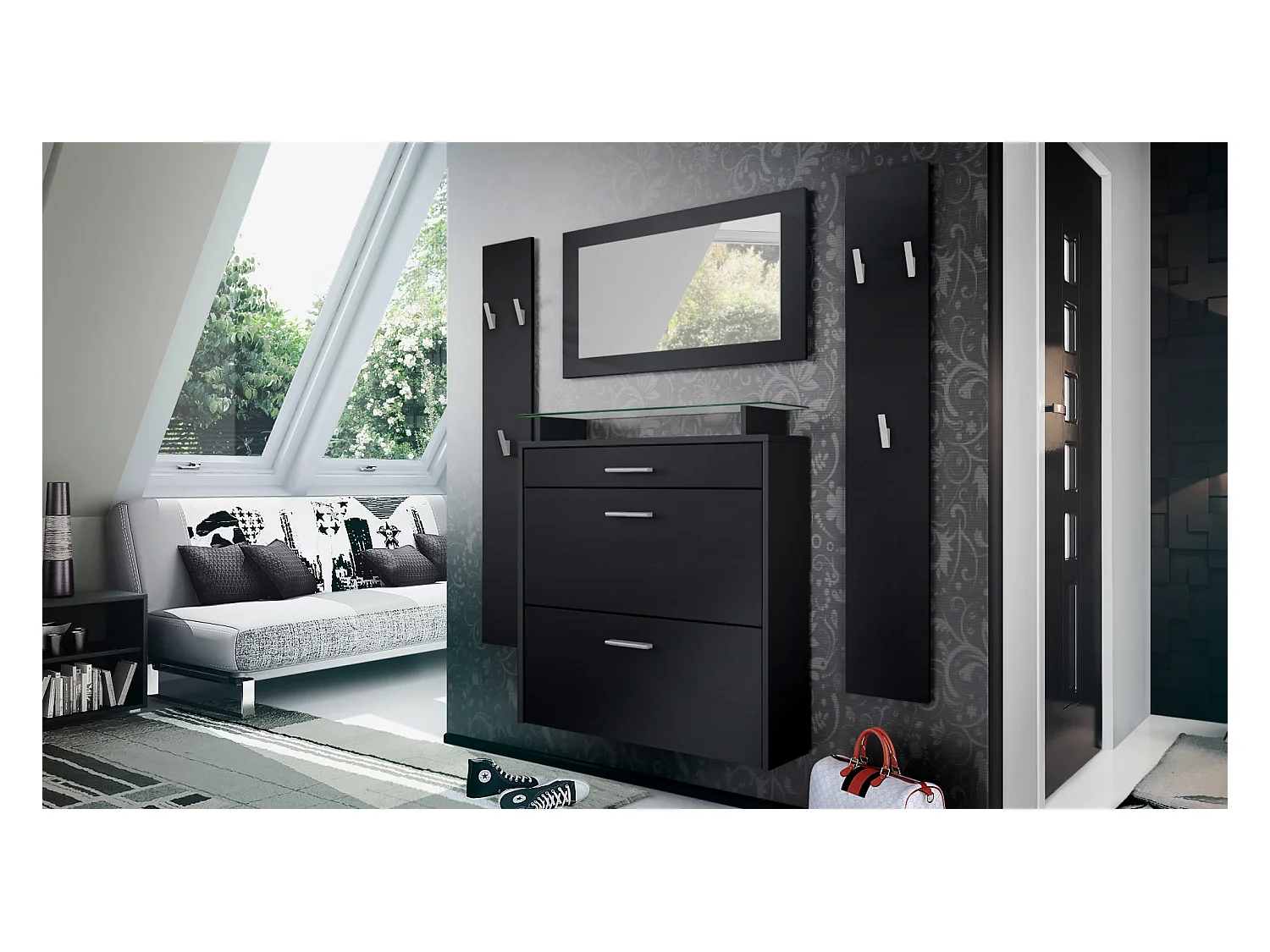 Penderie Malea, Meuble d’entrée comprenant 1 commode à chaussures murale, 1 miroir mural et 2 panneaux porte-manteaux, Noir mat/Noir mat