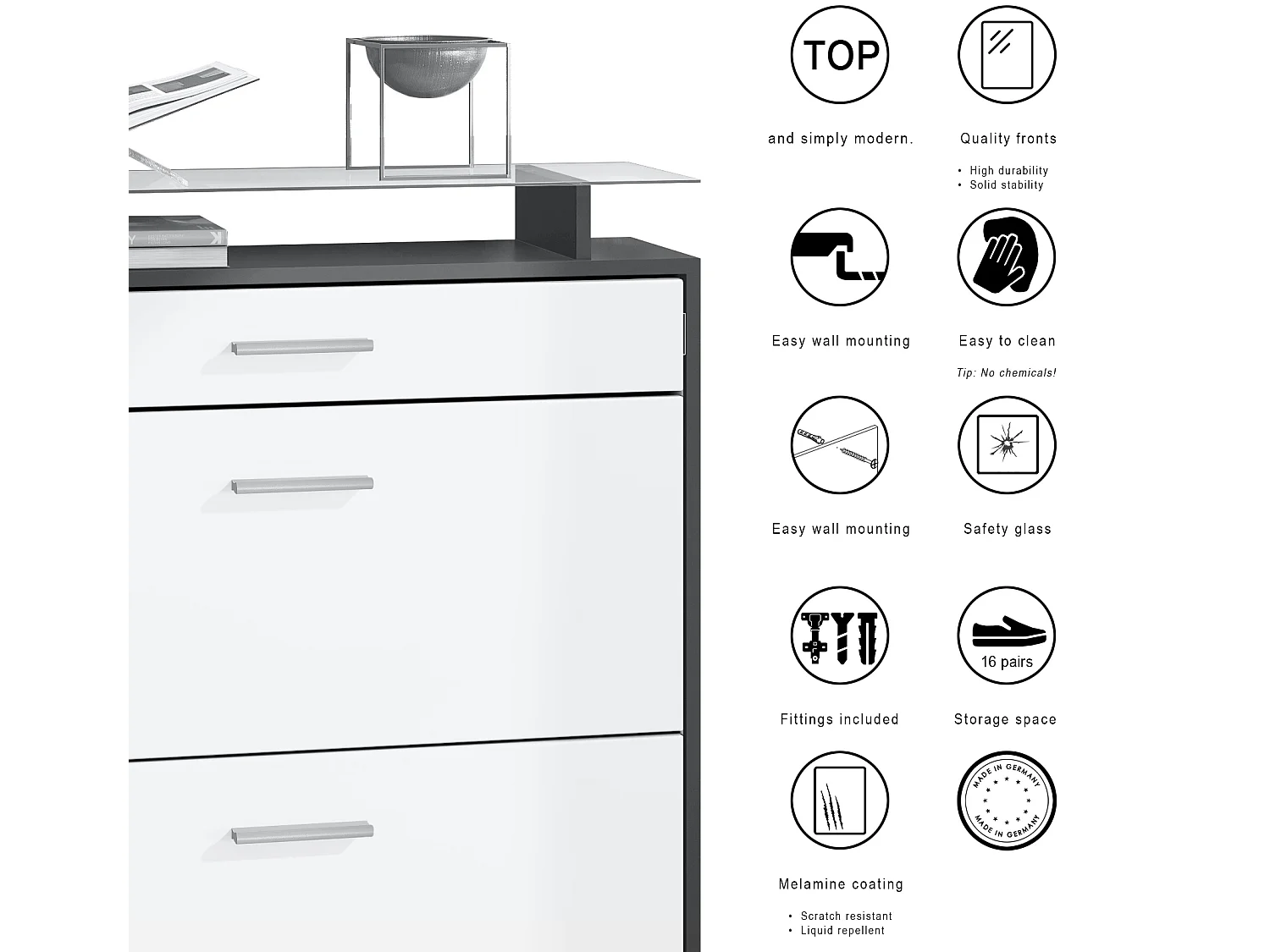 Penderie Malea, Meuble d’entrée comprenant 1 commode à chaussures murale, 1 miroir mural et 2 panneaux porte-manteaux, Noir mat/Noir mat