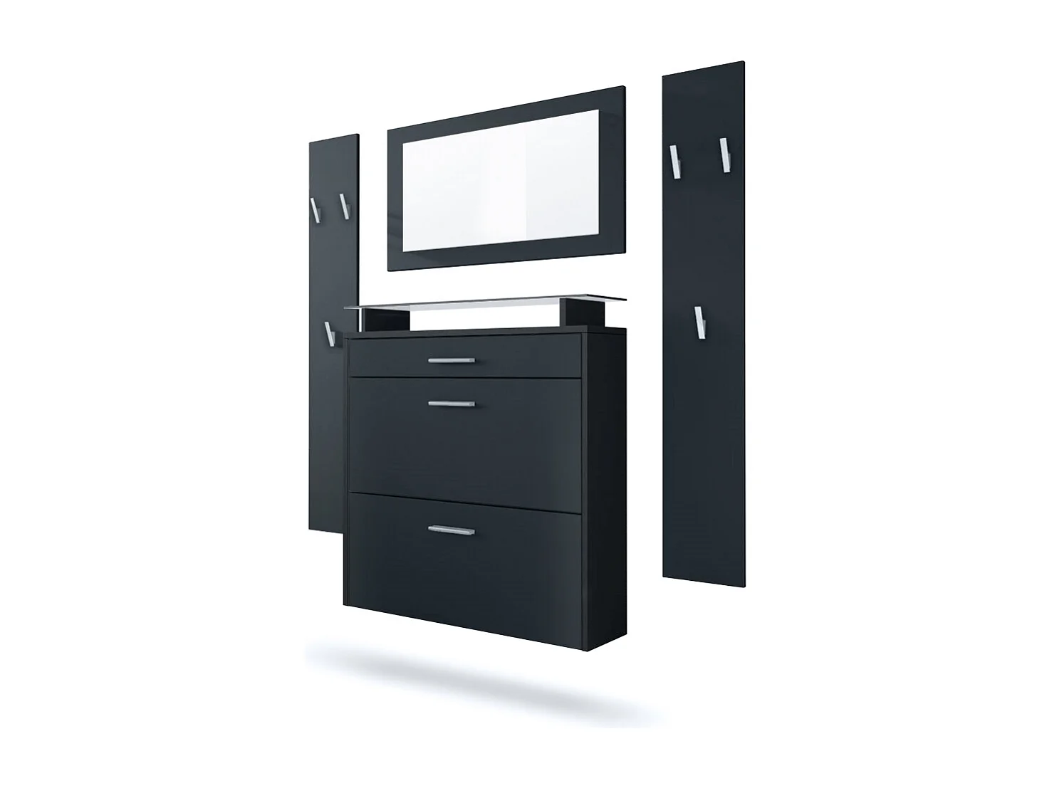 Penderie Malea, Meuble d’entrée comprenant 1 commode à chaussures murale, 1 miroir mural et 2 panneaux porte-manteaux, Noir mat/Noir mat