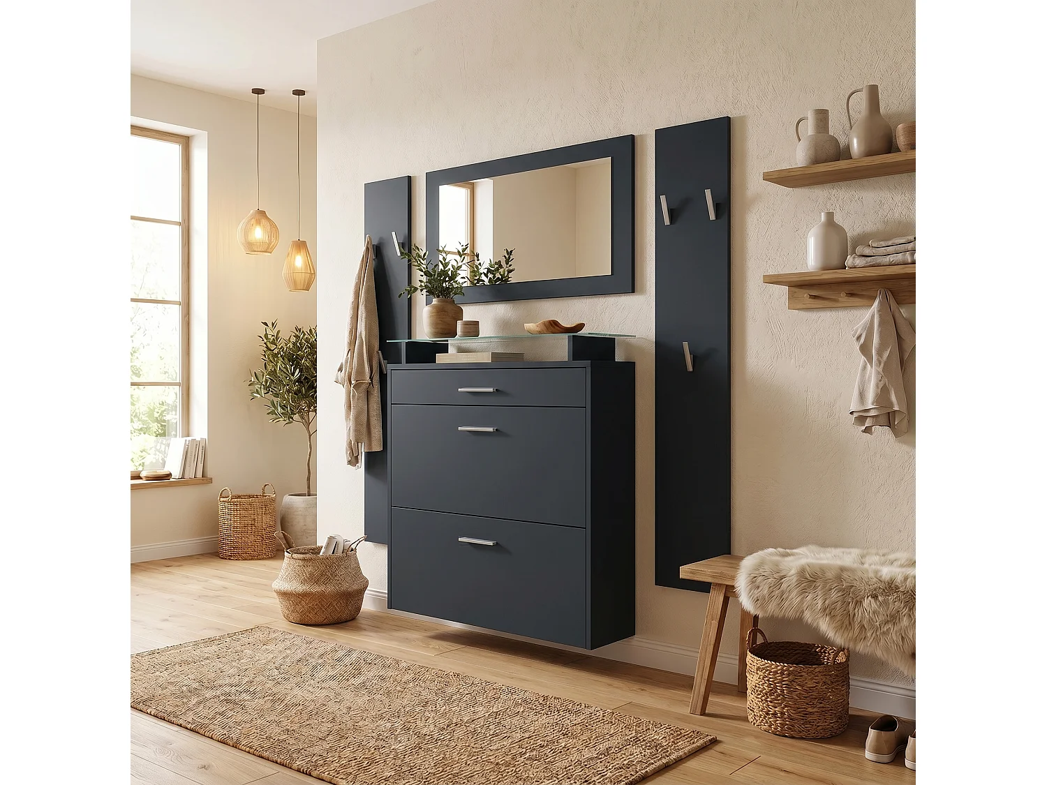 Penderie Malea, Meuble d’entrée comprenant 1 commode à chaussures murale, 1 miroir mural et 2 panneaux porte-manteaux, Noir mat/Noir mat