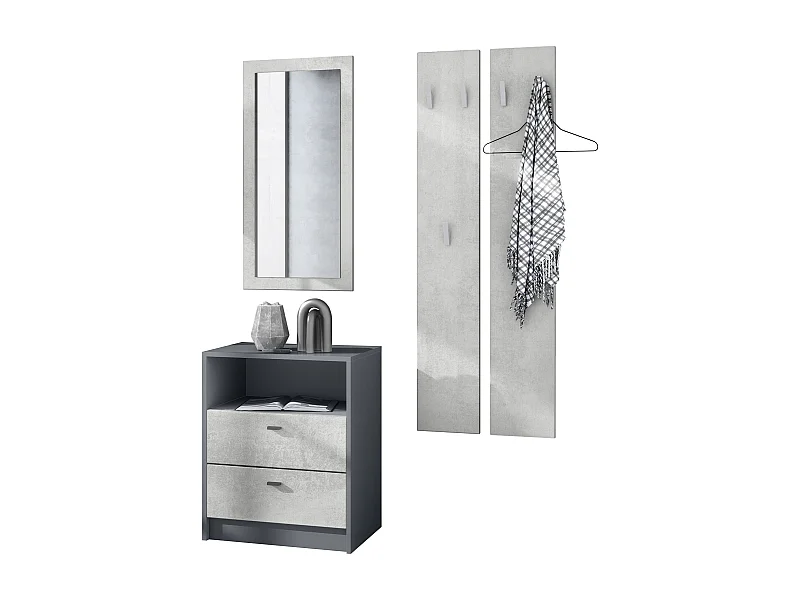 Ensemble de vestiaires Pino V1, 2 Panneaux muraux 140 cm et buffet avec 2 tiroirs & 1 compartiment ouvert, anthracite mat/aspect béton oxyde (56x67,5x36 cm)