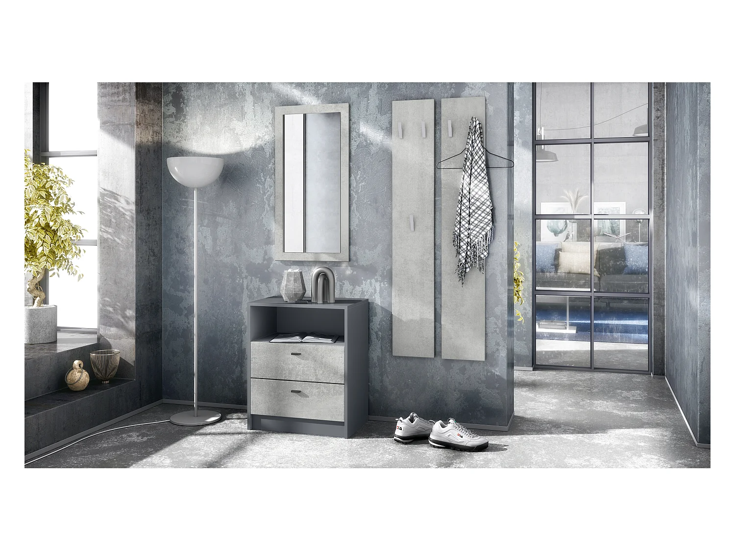 Ensemble de vestiaires Pino V1, 2 Panneaux muraux 140 cm et buffet avec 2 tiroirs & 1 compartiment ouvert, anthracite mat/aspect béton oxyde (56x67,5x36 cm)