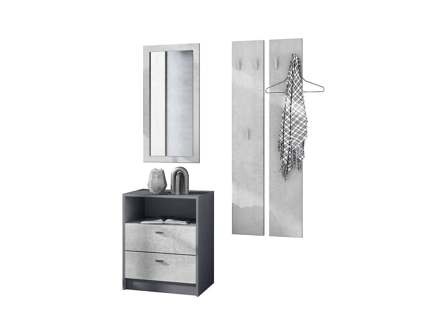 Ensemble de vestiaires Pino V1, 2 Panneaux muraux 140 cm et buffet avec 2 tiroirs & 1 compartiment ouvert, anthracite mat/aspect béton oxyde (56x67,5x36 cm)