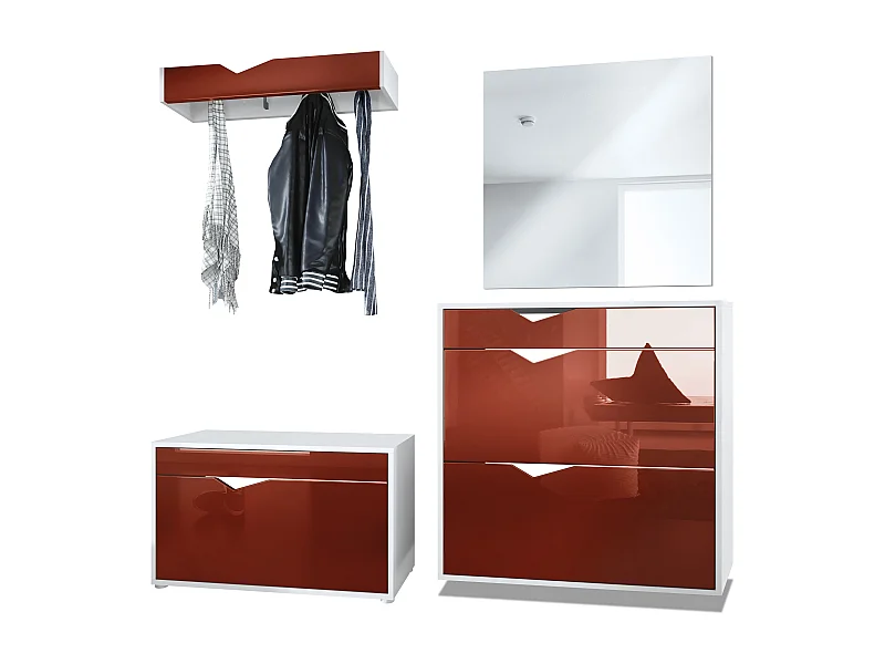 Ensemble Vestiaire Kolmio 190 x 185 x 33 cm portemanteau de couloir, caisson en blanc mat, façades en Bordeaux haute brillance | Grand choix de couleurs