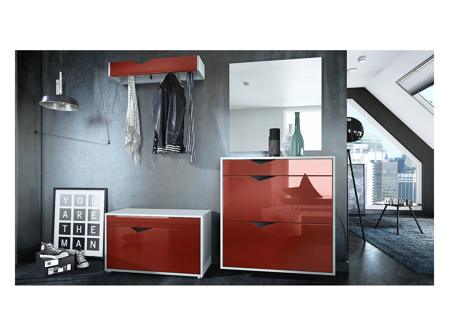 GARDEROBE Kolmio Fronten in Bordeaux Hochglanz