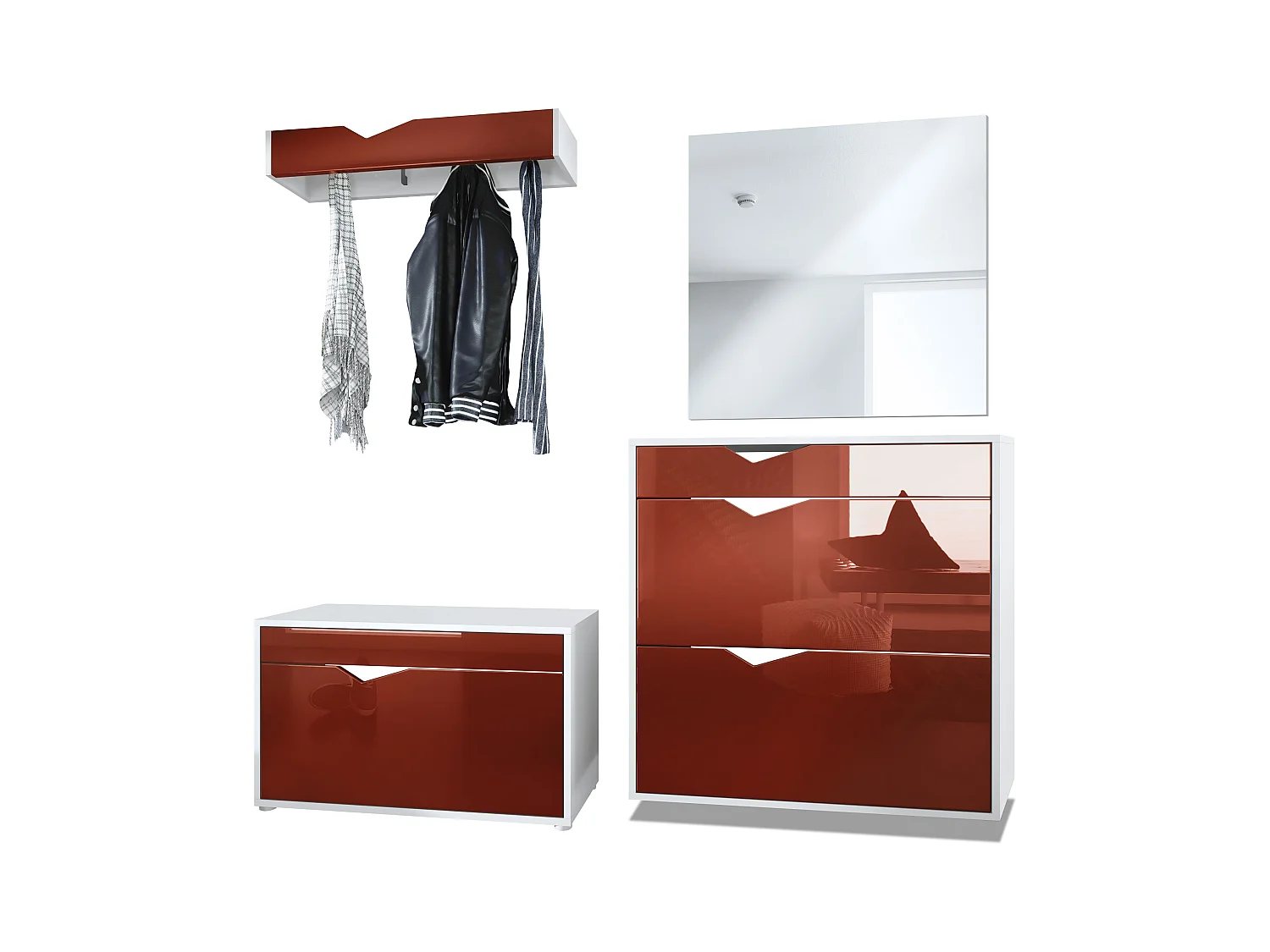 Ensemble Vestiaire Kolmio 190 x 185 x 33 cm portemanteau de couloir, caisson en blanc mat, façades en Bordeaux haute brillance | Grand choix de couleurs