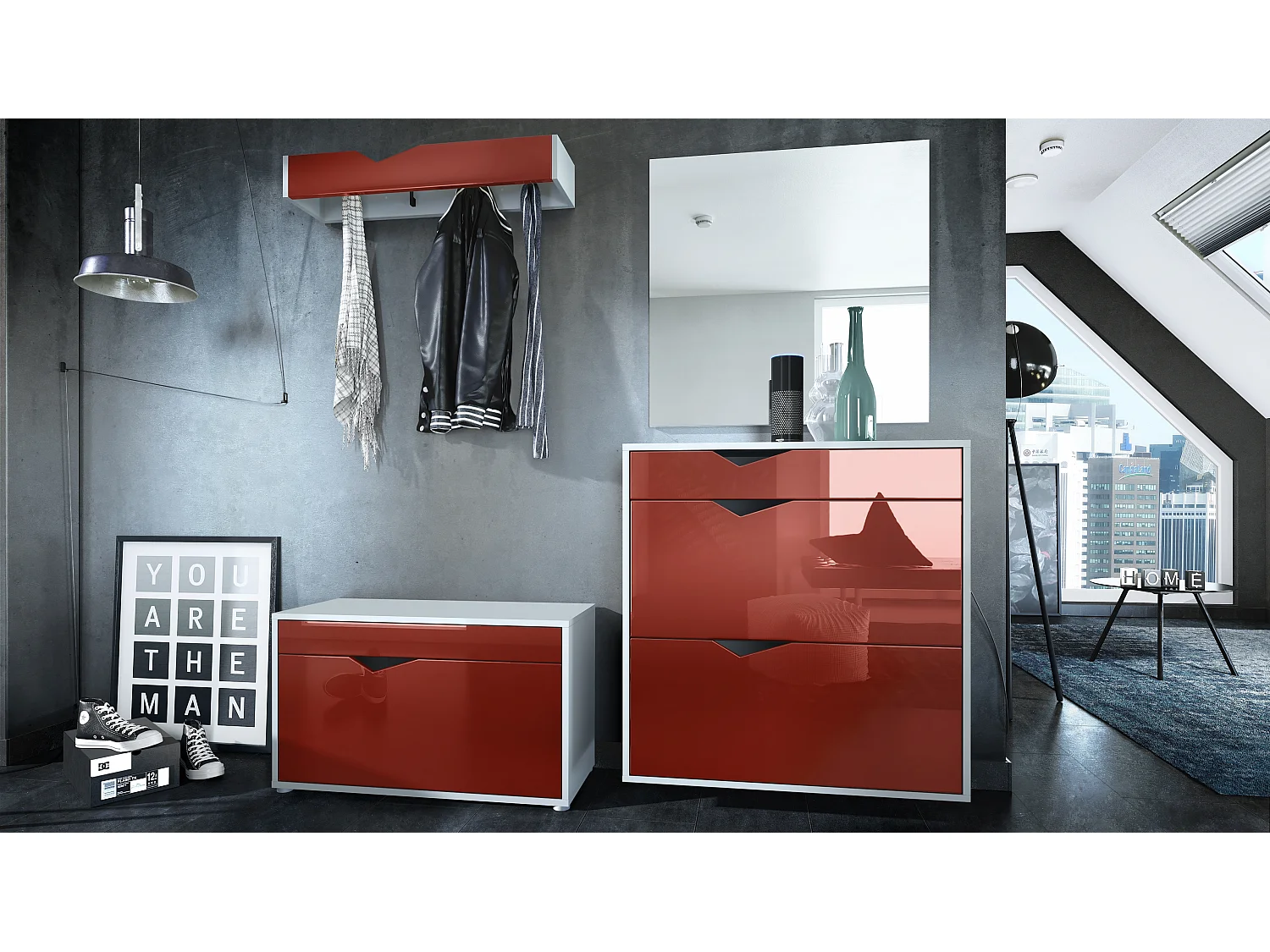 Ensemble Vestiaire Kolmio 190 x 185 x 33 cm portemanteau de couloir, caisson en blanc mat, façades en Bordeaux haute brillance | Grand choix de couleurs