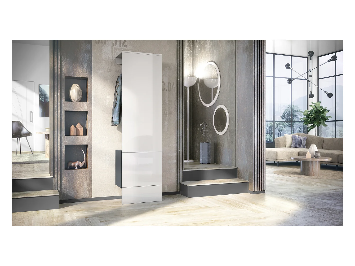 Penderie Carlton Set 5, Meuble d’entrée comprenant 1 panneau porte-manteau avec porte intégrée et 1 tringle, anthracite mat/Blanc brillant (52 x 193 x 35 cm)