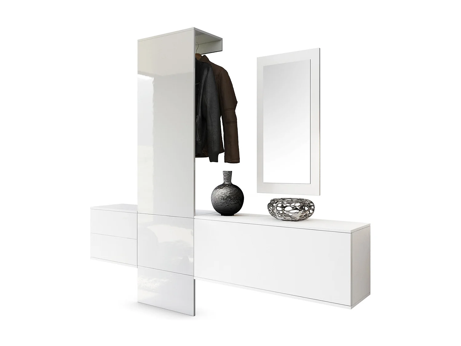 Vestiaire Garderobe Carlton Set 1, Corps en Blanc mat / Panneau portemanteau en blanc haute brillance