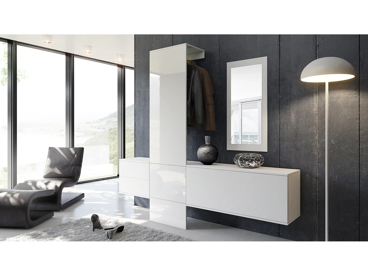 Vestiaire Garderobe Carlton Set 1, Corps en Blanc mat / Panneau portemanteau en blanc haute brillance