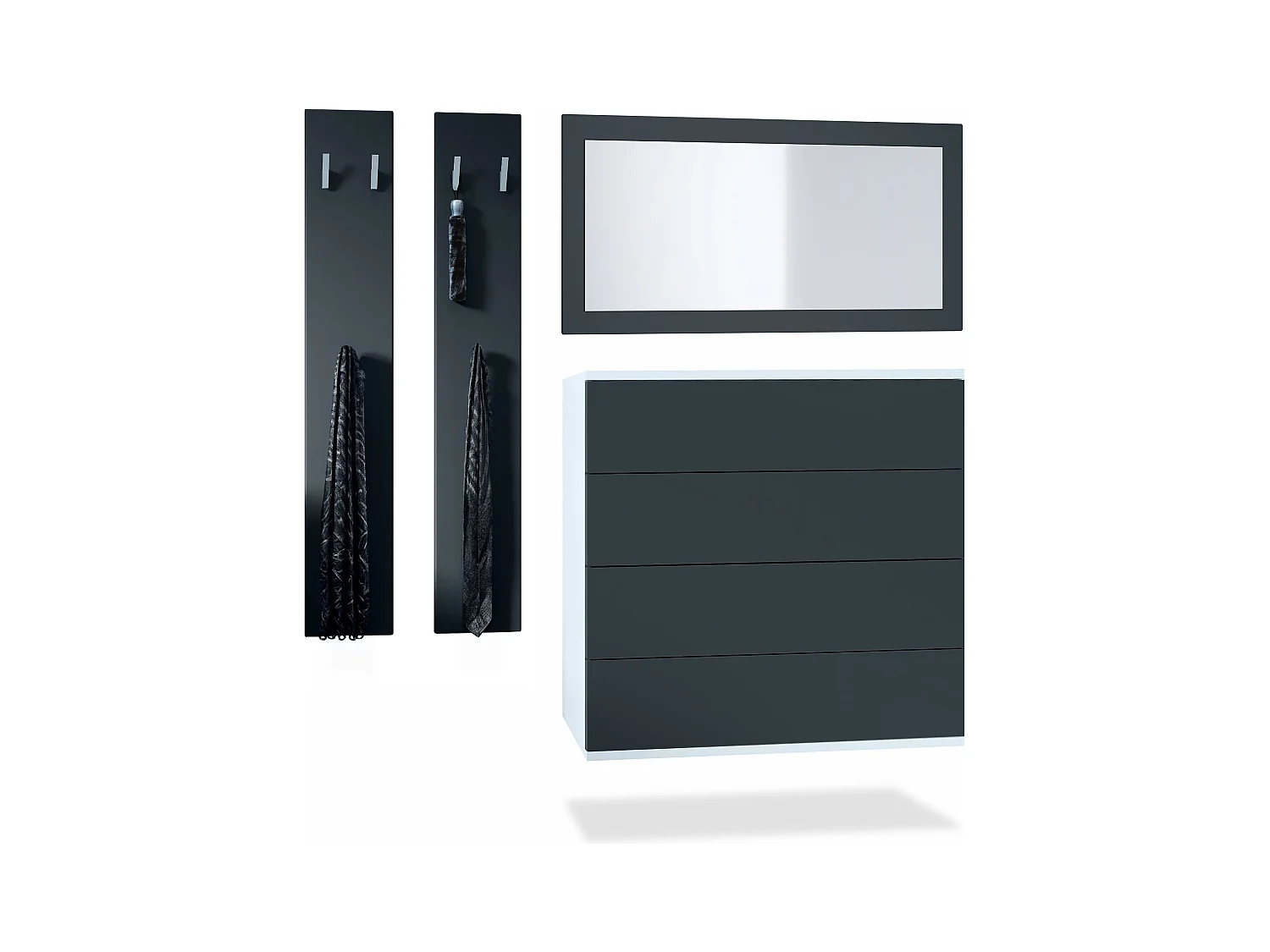 Ensemble de dressing  Hollywood, composé de 1 commode avec 4 tiroirs, 1 miroir et 1 ensemble de panneaux muraux, blanc mat/noir mat.