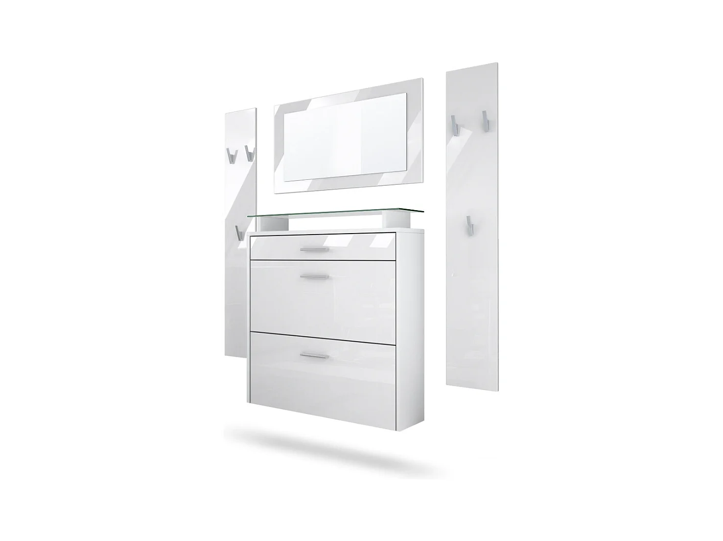 Vladon Mueble recibidor Malea, Mueble de entrada compuesto por 1 Zapatero colgante, 1 Espejo de pared y 2 Percheros, Blanco mate/Blanco de alto brillo