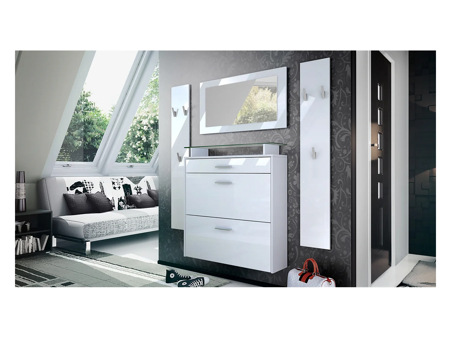 Vladon Mueble recibidor Malea, Mueble de entrada compuesto por 1 Zapatero colgante, 1 Espejo de pared y 2 Percheros, Blanco mate/Blanco de alto brillo