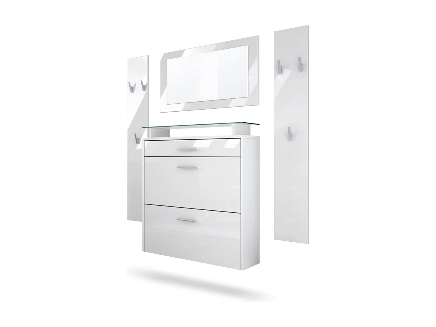 Penderie Malea, Meuble d’entrée comprenant 1 commode à chaussures murale, 1 miroir mural et 2 panneaux porte-manteaux, Blanc mat/Blanc haute brillance