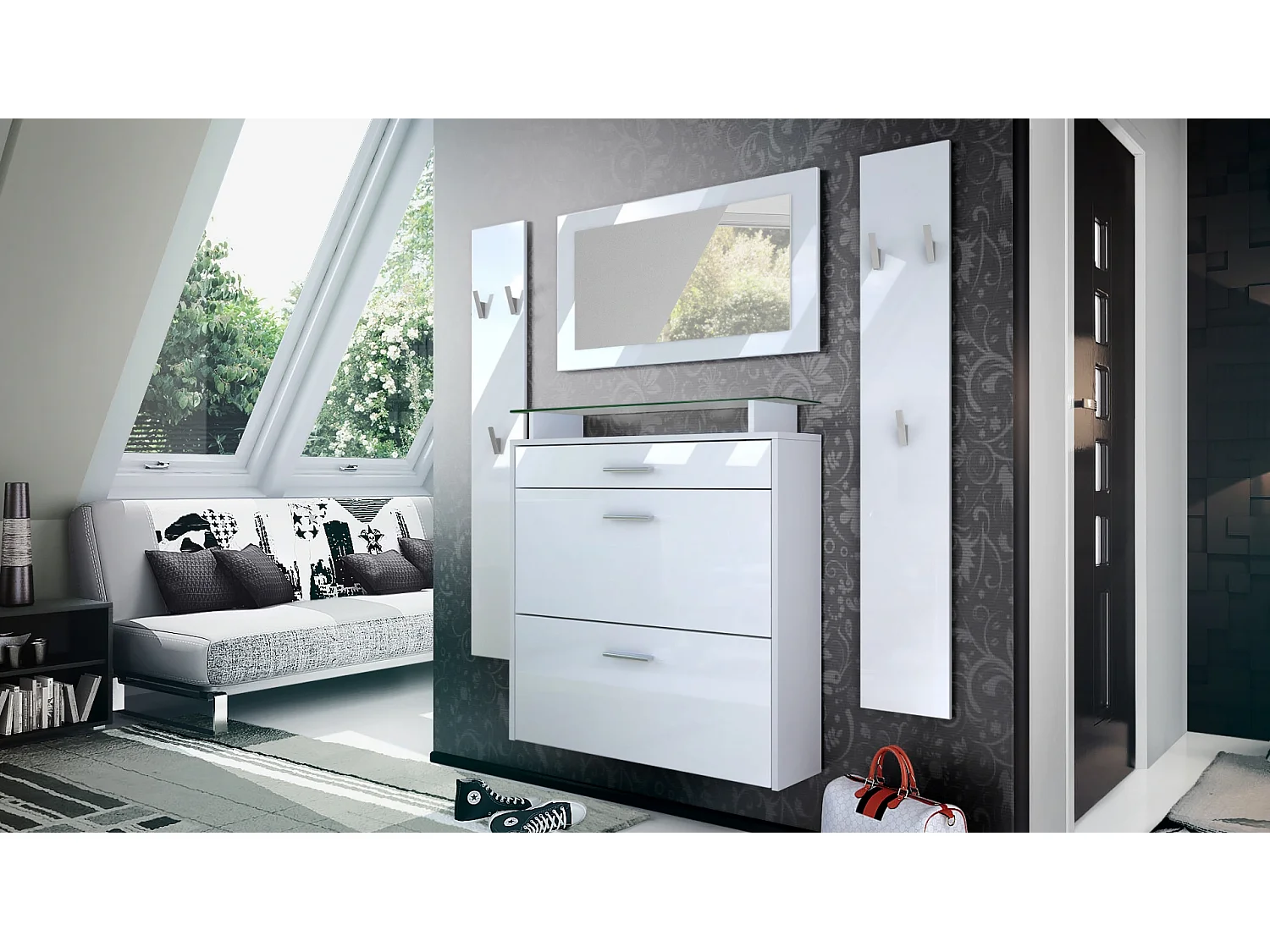 Penderie Malea, Meuble d’entrée comprenant 1 commode à chaussures murale, 1 miroir mural et 2 panneaux porte-manteaux, Blanc mat/Blanc haute brillance