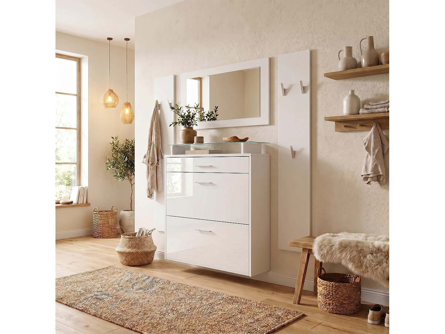 Penderie Malea, Meuble d’entrée comprenant 1 commode à chaussures murale, 1 miroir mural et 2 panneaux porte-manteaux, Blanc mat/Blanc haute brillance